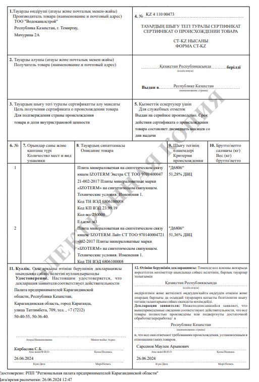 Каменная вата IZOTERM CT-KZ